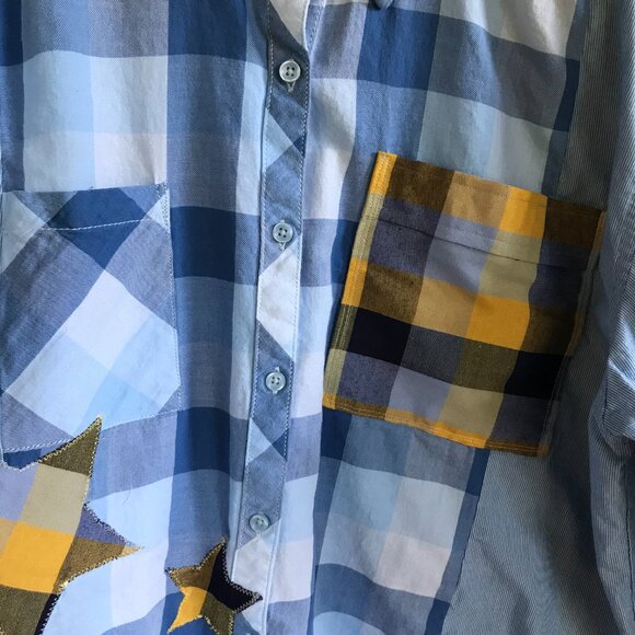 Mixed Plaid Button-Down Shirt, M-XL: Upcycled Oversized Boho Top, Stars & Fringe - Picture 4 of 10